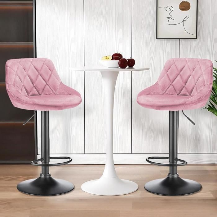 Lot de2 Tabouret et chaise de bar-MENGDA-360°Pivotants-Hauteur réglable-Base métallique-Tissu velours-Pour Bistro Restaurant-Rose