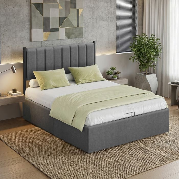 Lit Double avec Rangement Sommier Relevable 140 x 190 cm Cadre de Lit Moderne Chambre Montage Facile Gris