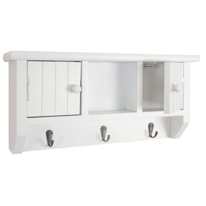 Porte cles meuble d entree mural avec portes et etagere en bois massif blanc 04_0003586