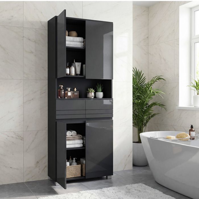 Colonne de salle de bain Meuble avec Étagères Réglables et 2 Tiroirs 30 x 60 x 170 cm Noir
