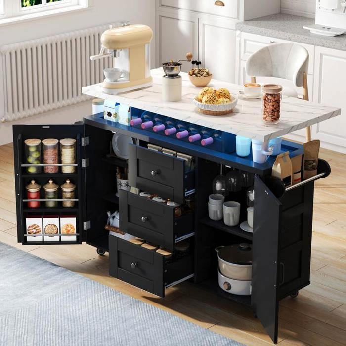 Buffet de cuisine 120×42 (60)×93 cm avec plan de travail rabattable Îlot de cuisine avec casier à bouteilles et porte-verres Noir