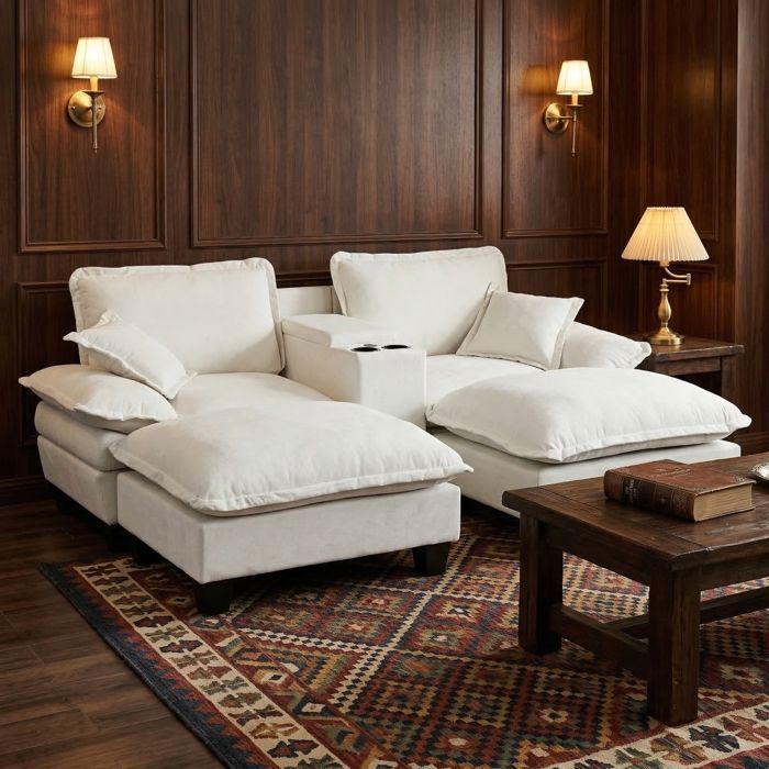 Luscriate - Canapé angle modulable 4 places chenille USB porte-gobelets coffre rangement 2 ottomanes coussins - Beige