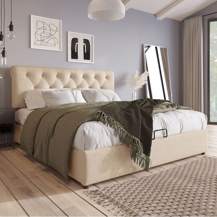 Lit coffre 160 × 200 cm en lin naturel avec tête de lit réglable