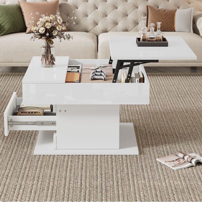 Table basse carrée blanche brillante avec plateau relevable rotatif et tiroir