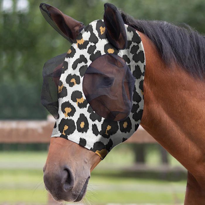 Masque de mouche pour cheval impression léopard anti-mouches anti-UV protection yeux et oreilles équitation extérieure