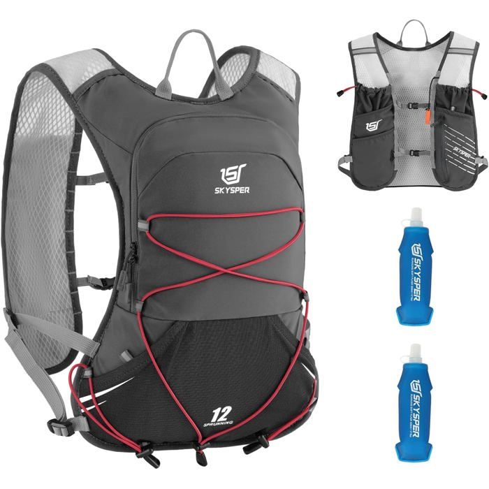 Gilet hydratation trail - Unbrand - Capacité 12L - 2 bouteilles souples 500ml - 9 compartiments intelligents