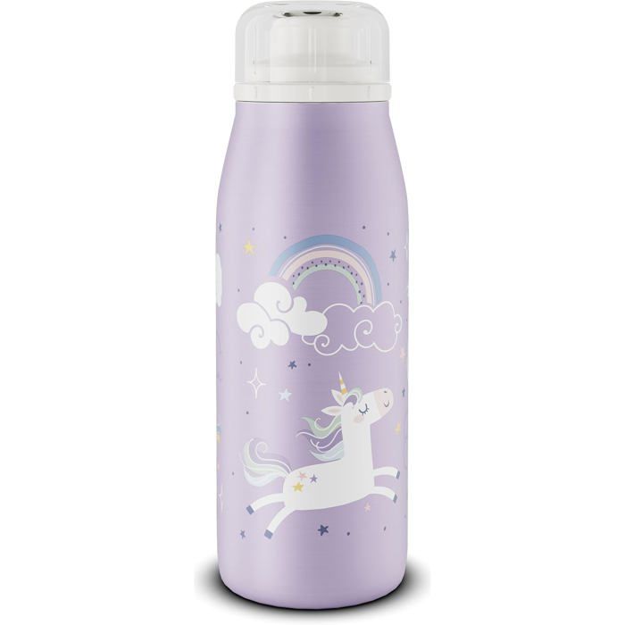 Gourde isotherme pour enfants en acier inoxydable avec bouchon à vis entièrement étanche(Licorne violette)