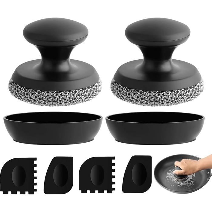 Lot de 2 Brosse Nettoyage pour poêle en Fonteavec 4 pièces Grattoirspour Nettoyer Les poêles en FerLes Noir - 2 Pièces