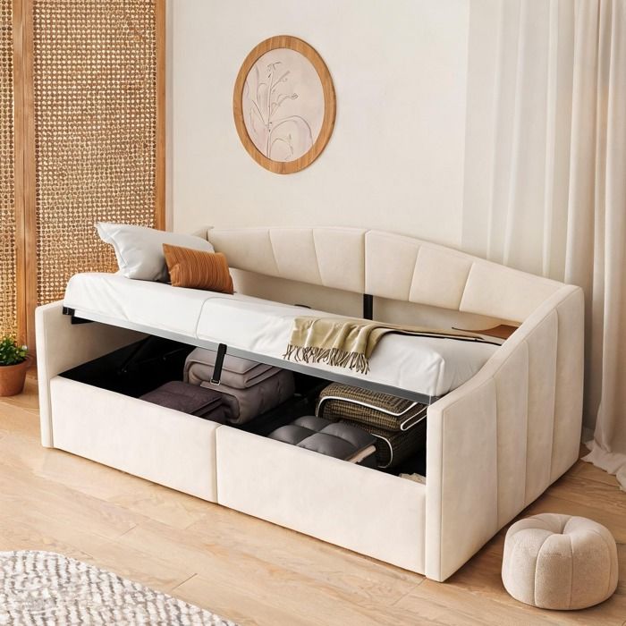 Sofa-lit beige en velours 90x200 cm avec rangement hydraulique accoudoirs et lattes