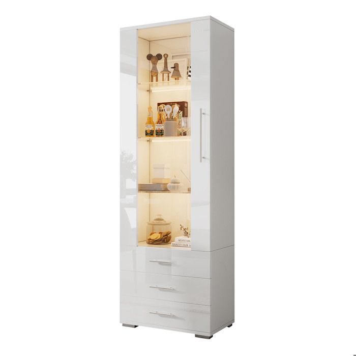 Vitrine sur pied - Blanc brillant - LED avec appli mobile - 1 porte 3 tiroirs - 60 x 35 x 180 cm