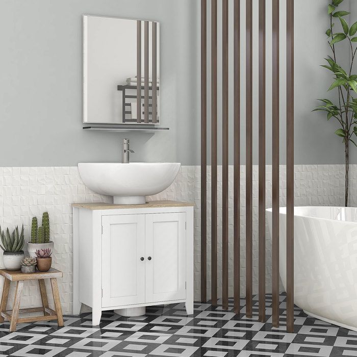 Meuble sous lavabo - 60 x 30 x 60 cm - Découpe en U 23 x 20 cm - 2 portes étagère réglable - MDF blanc scandinave