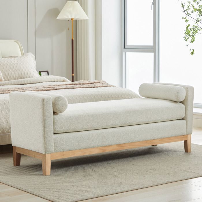 Banquette rembourrée ivoire pieds bois 2 coussins chaise longue pour chambre salon entrée149cm x  50cm x 63.5cm