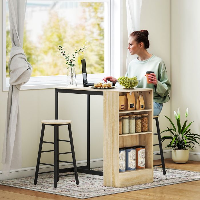 Chaise de bar 2 chaises et 1 comptoir avec rangement et repose-pieds compact marron clair et noir