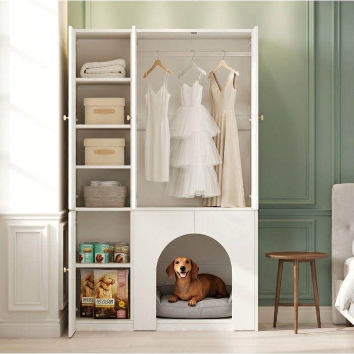 WOVREO Armoire 3 portes 120 x 50 x 200 cm avec tringle étagères et niche pour animal en MDF blanc