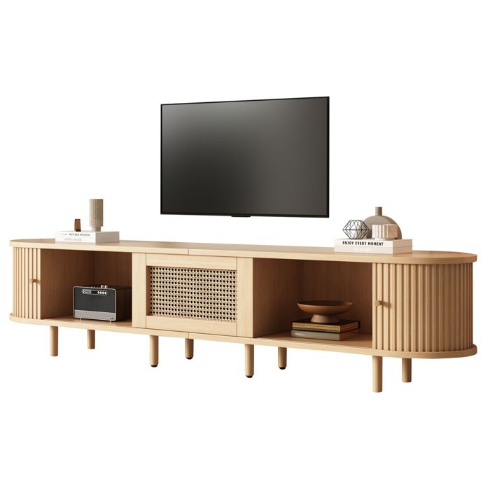 Meuble TV bas 180x40x40 cm avec 2 portes coulissantes 1 tiroir aspect rotin MDF bois clair design ovale ORVRYN