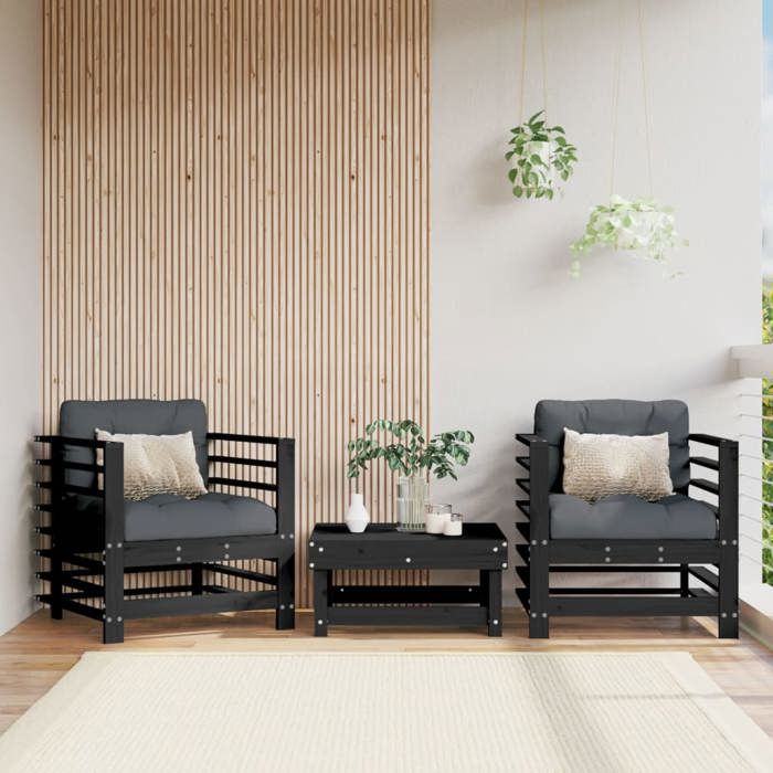 Fauteuils de jardin (par siège):110 kg et coussins (lot de 2) noir bois de pin massif - Petit canapé balcon LL2459