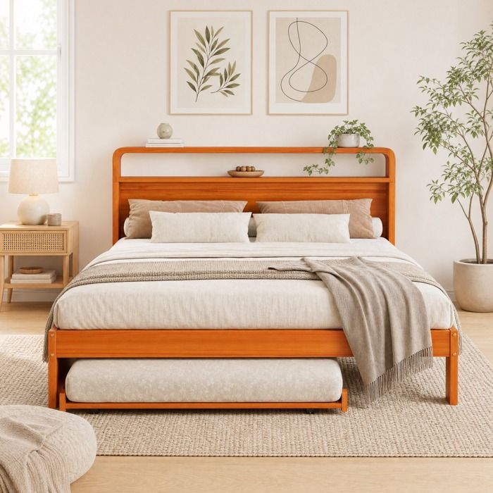 Lit gigogne 2 places 140×200 cm avec lit dappoint 90×190 cm tête arrondie - LPOSPI - sans matelas bois naturel