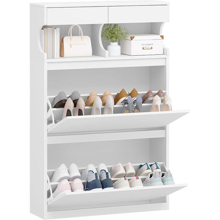 Meuble à Chaussures 16 Paires 2 Abattants (80L cm) Blanc Armoire à Chaussures Séparateur Réglable Grande CapacitéPour Entrée