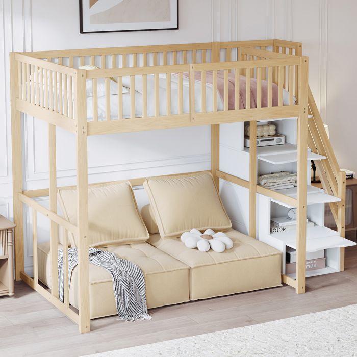 Lit mezzanine 140x200 en pin massif avec escalier de rangement lit surélevé 2 places pour adulte et enfant bois naturel.