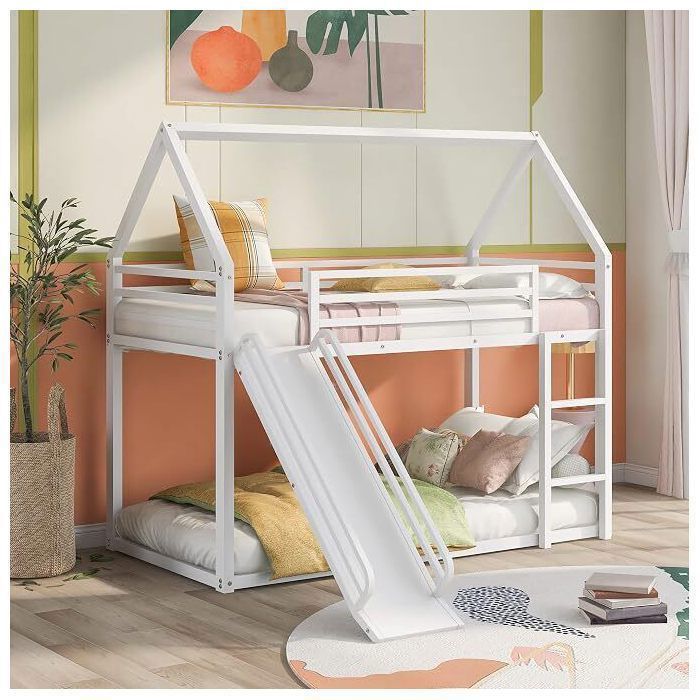 Lit superposé Cabane avec toboggan en métal 2 couchages 90 x 190 cm avec échelle barrière de sécurité pour garçons et filles