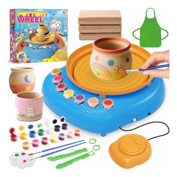 Tour de Potier Enfant 6-12 Ans : Kit Argile Autodurcissante Sans Cuisson + 12 Peintures Outils Tablier Câble USB