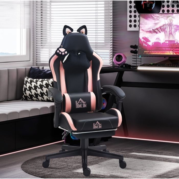 Chaise de Bureau Chat Réglable Dossier Inclinable 135° - HAVRYA - Repose-pieds Extensible Simili Cuir Noir et Rose