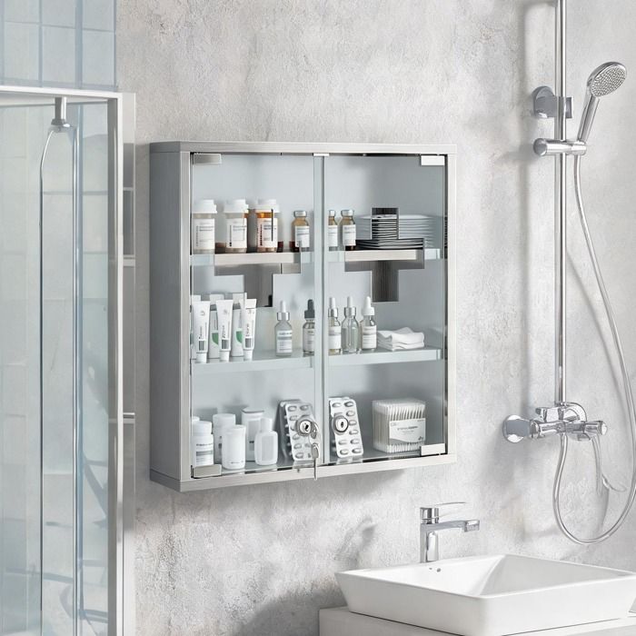 Armoire à pharmacie murale 46x12x48 cm acier inoxydable 430 et verre trempé - Silber Edelstahl 430 gehärtetes Glas 46 x 12