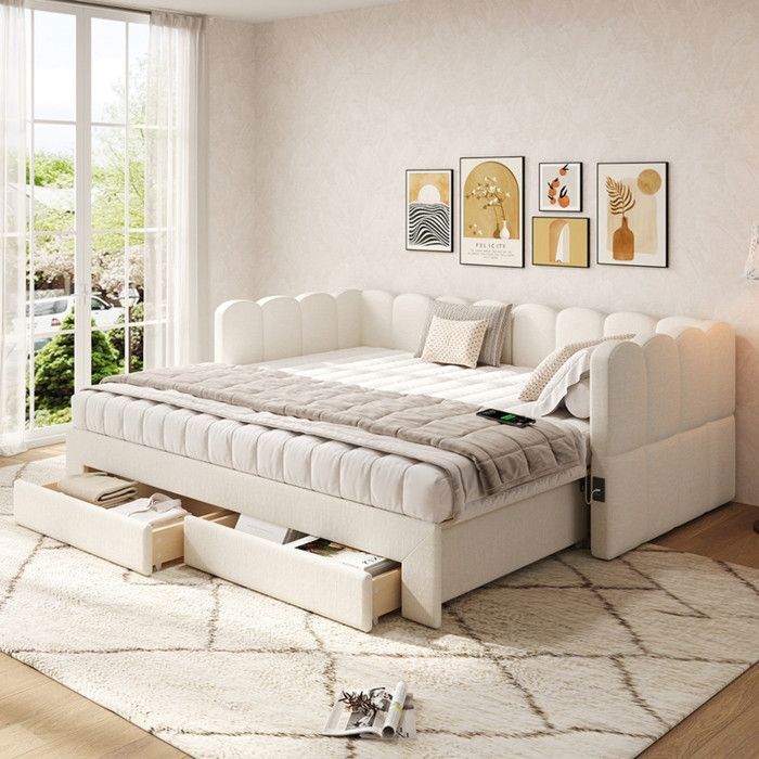 Piaenon - Lit gigogne 90x190 cm double avec extension 180 cm 2 tiroirs USB-C et toucher doux - Lin - Beige