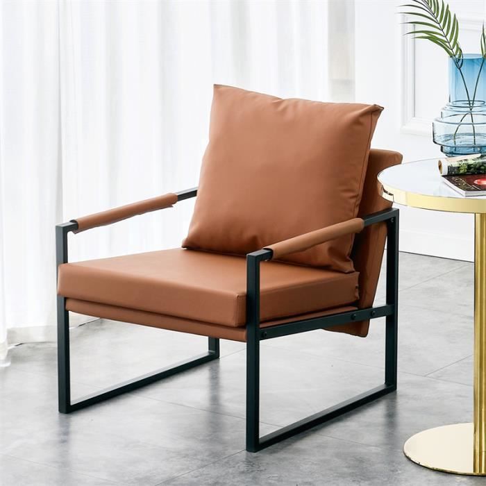 fauteuil-chaise moderne en cuir pu composé de coussins moelleux - structure métallique canapé individuel fauteuil lounge marron