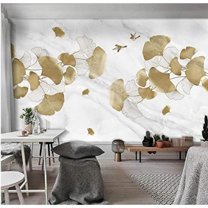 Papier peint Mural personnalisé 3D doré feuille de Ginkgo oiseau marbre papier peint salon Tv canapé salon Papier Peint -400×280cm
