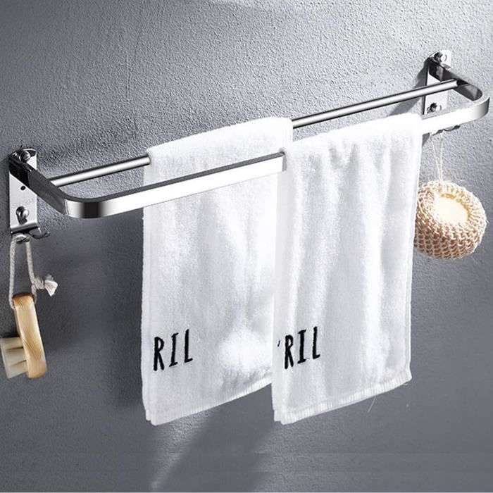Porte-Serviettes Salle De Bain Adhésif - Double Barre + Crochet - Acier Inoxydable 50 Cm (Noir)