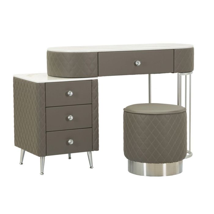 Coiffeuse effet matelassé avec tabouret Sharon gris et argent Coiffeuse effet matelassé avec tabouret Sharon gris et argent