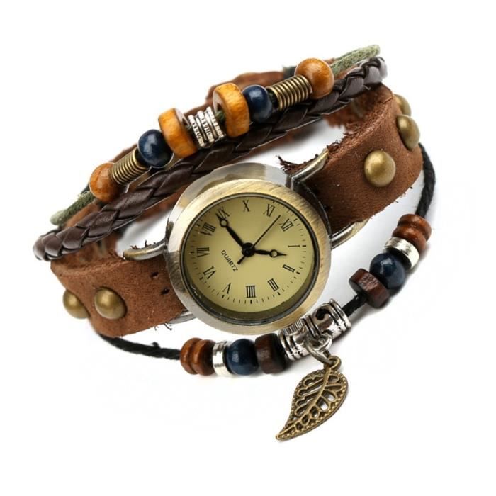 Montre-bracelet cuir femme corde réglable feuille