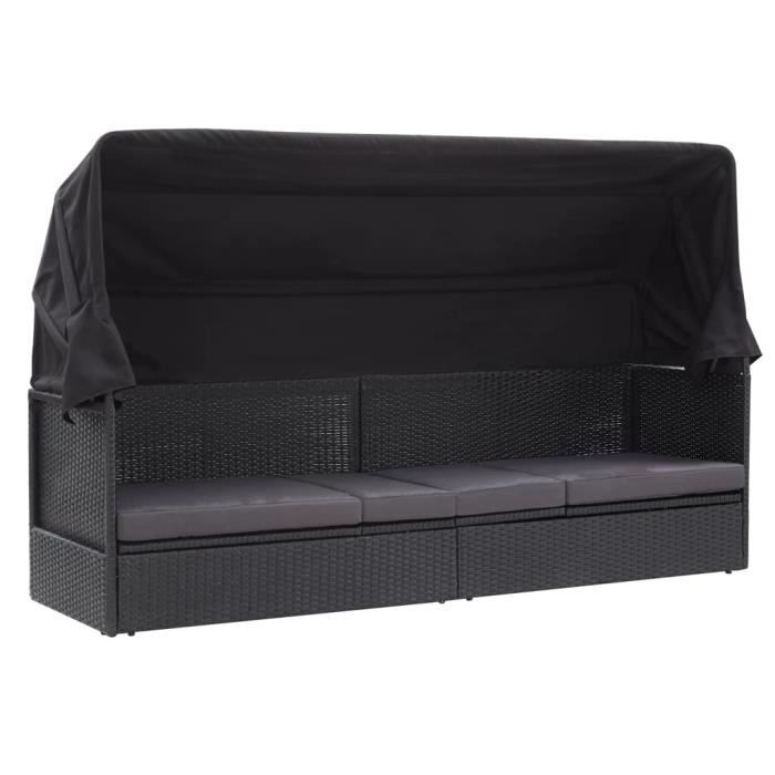 Lit-canapé dextérieur avec auvent Résine tressée Noir