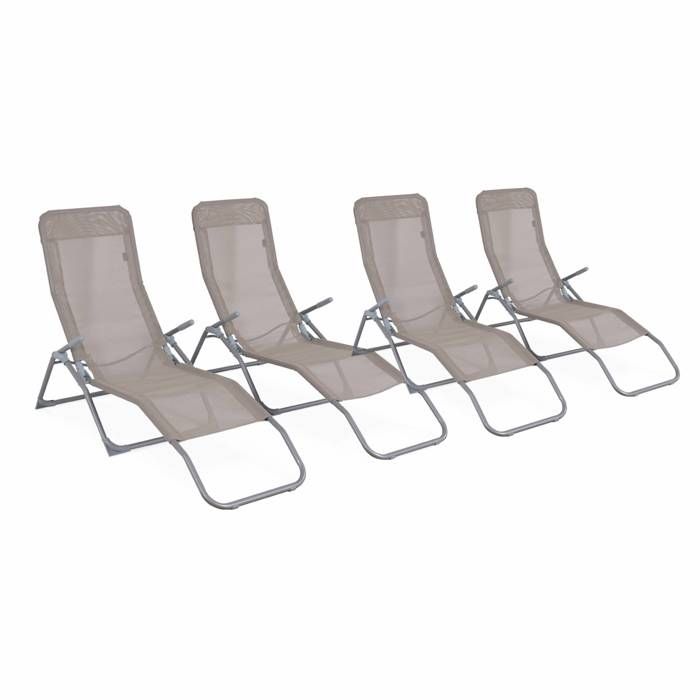 Lot de 4 bains de soleil pliants - Levito Taupe - Transats textilène 2 positions. chaises longues Lot de 4 bains de soleil pliants - Levito Taupe - Transats textilène 2 positions. chaises longues
