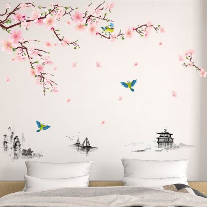 XXL Stickers muraux FLEURS DE Pêcher & OISEAUX (240x150 cm) I autocollant sticker  mural roses cerisier arbre branche plantes - Cdiscount Maison