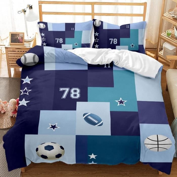 Housse de Couette 140x200 Ballon de Rugby Bleu Marine Parure de Lit