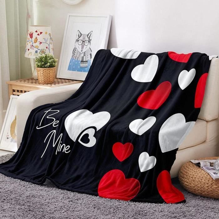 Couverture Polaire KAYAMU 220x240cm Motif Cœur - Plaid Romantique Pour Canapé Ou Lit 2 Personnes