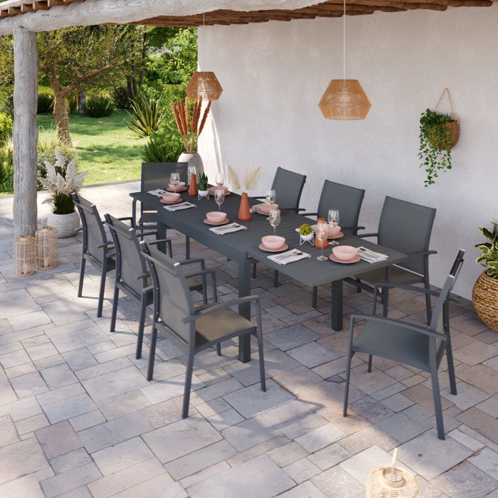 Table de jardin extensible aluminium - ANDRA - Gris Anthracite - 135/270cm - 8 fauteuils empilables textilène