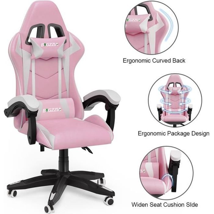 Chaise de Bureau Fauteuil Gamer Réglable Ergonomique Inclinable à 180° avec  Repose-pied Appui-tête Support lombaire - Cdiscount Maison