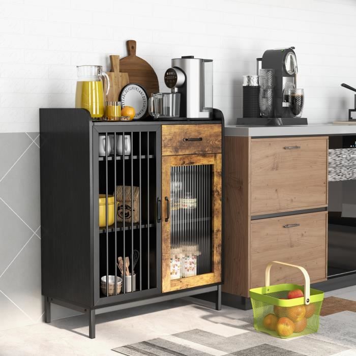 Armoire De Cuisine / Buffet Avec 5 Tiroirs Et 4 Portes Vitrées - Meuble De Rangement Design Noir Et Or - Étagère à Vin Incluse