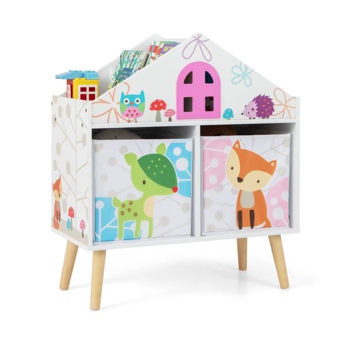 costway étagère de rangement enfants en forme maison avec 2 bacs & 4 emplacements, avec motif d'animaux & patins antidérapants