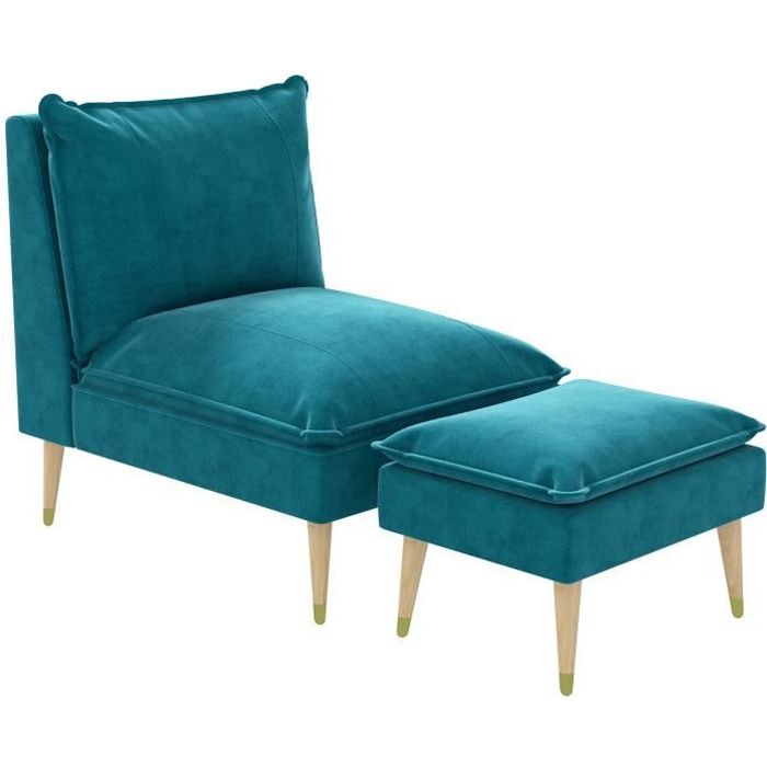 Fauteuil design scandinave grand confort - repose-pied inclus - piètement effilé incliné bois hévéa velours turquoise