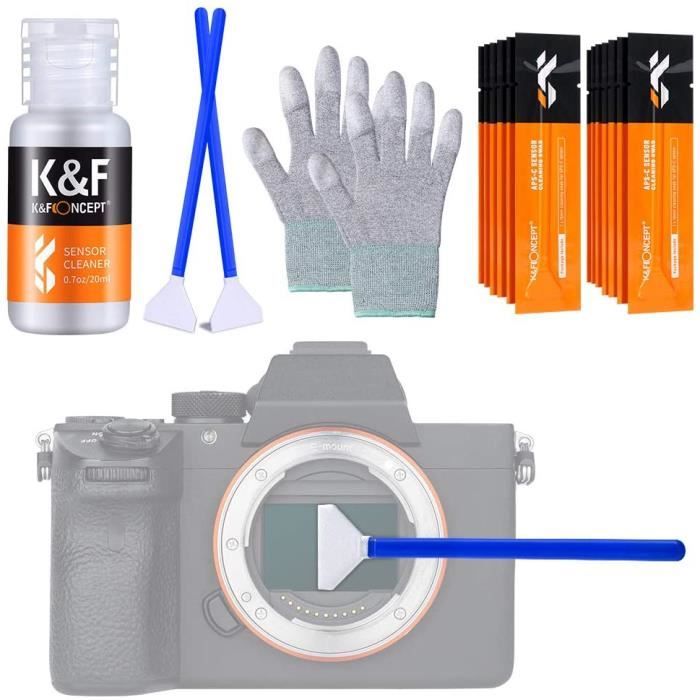 K&F Concept Kit de Nettoyage Photo 16 Écouvillons de 24mm pour Capteur APS-C Gants Anti-Statique 20ml Liquide Nettoyant pour Écran