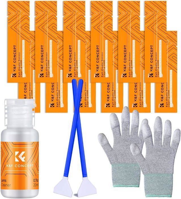 K&F Concept Kit de Nettoyage Photo 16 Écouvillons de 24mm pour Capteur APS-C Gants Anti-Statique 20ml Liquide Nettoyant pour Écran