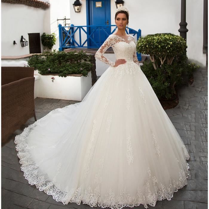 Royaume-Uni Blanc/ivoire paillettes dentelle sirène robes de mariée à manches longues robe de mariée Taille 6-16 