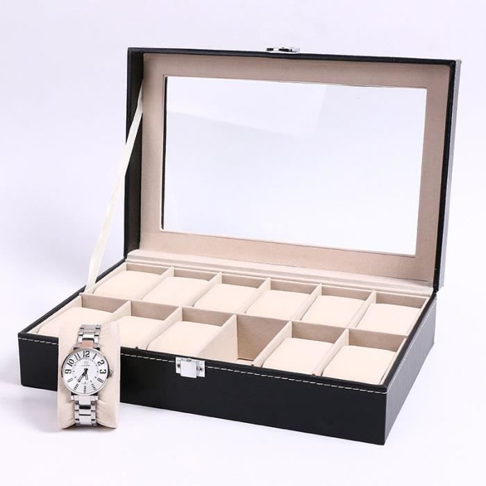 SHARPHY Coffret à Montre Boîte 12 Boîte à montres Boîte à bijoux en cuir boîte de présentation couvercle à rabat noir