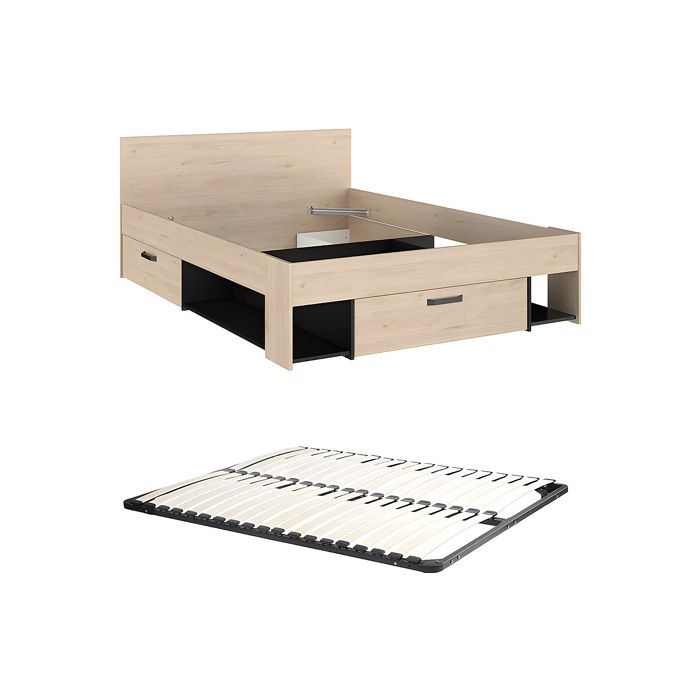 Lit 140 x 190/200 cm avec rangements - Coloris : Naturel et noir + Sommier - KINSELIA Lit 140 x 190/200 cm avec rangements - Coloris : Naturel et noir + Sommier - KINSELIA
