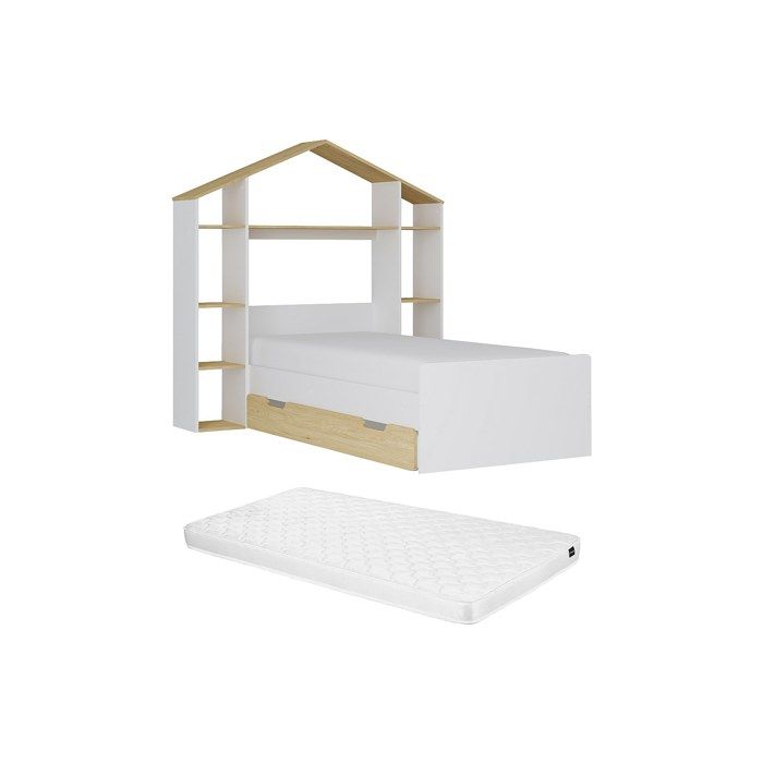Lit cabane 90 x 190 cm - Coloris : Blanc et naturel + Matelas - JERACO
