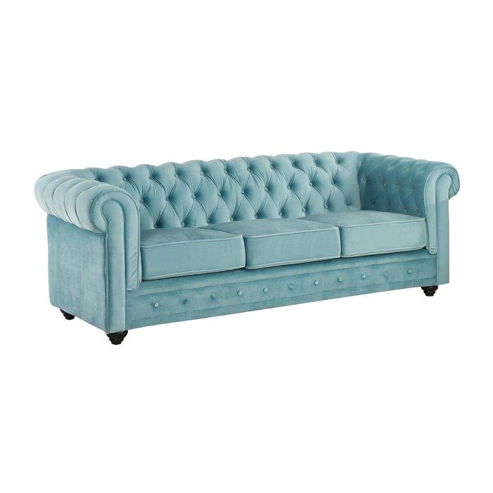 Canapé 3 places en velours CHESTERFIELD - Bleu pastel - Style classique - Confort moelleux - Déhoussable